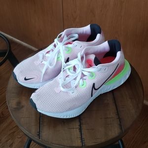 Women's Nike Renew Running Shoes Size 9, pale pink, neon green, hot pink trim